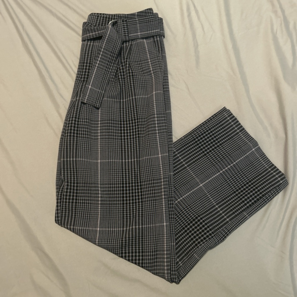 Purple and black plaid slacks with belt